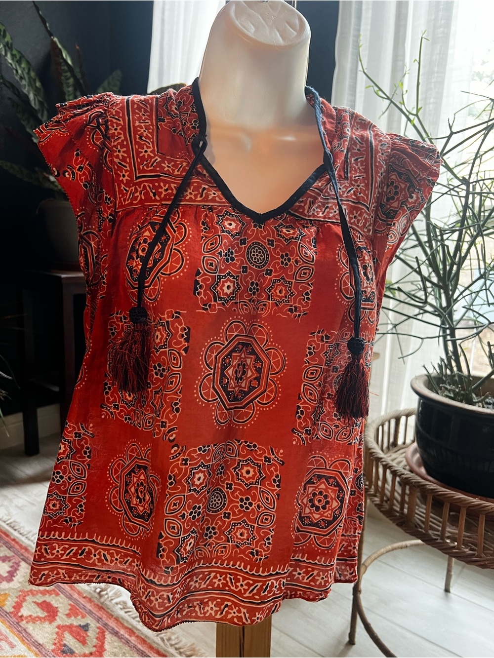 Faherty Rust Red Paisley Tassel V-Neck Tunic